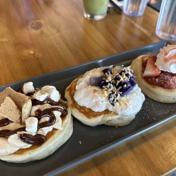Egghead Cafe - S'mores, Hawaiian and Strawberry Shortcake Pancake Trio - Coffee & Tea Near Me - Honolulu, Hawaii Egghead Cafe - S'mores, Hawaiian and Strawberry Shortcake Pancake Trio - Coffee & Tea Near Me - Honolulu, Hawaii