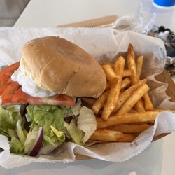 L&B Gyros - Gyro burger. Gyro meat on burger with cucumber sauce, tomato, onion, and lettuce and fries. Definitely recommend