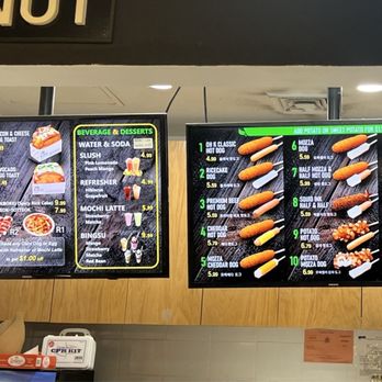 Oh K-Dog - 11/14/24 menu showing $1 off for corndog/refresher purchase and only $1.50 up charge for sweet potato topping added to a corn dog. - Korean Near Me - Flushing, New York