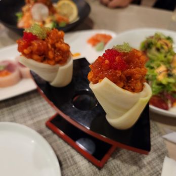 Omiza - Spicy crunchy tuna hand roll with cucumber wrap - Pan Asian Near Me - Doylestown, Pennsylvania Omiza - Spicy crunchy tuna hand roll with cucumber wrap - Pan Asian Near Me - Doylestown, Pennsylvania