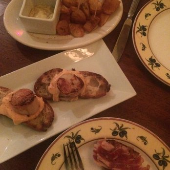 Iberia Restaurant - Left: vieiras con espuma de salmón – grilled day-boat scallops on smoked salmon mousse toast $8.85 Top: patatas bravas $6.85 - Tapas/Small Plates Near Me - Belmont, California