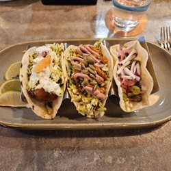 Fidel’s Cocina & Bar - Soft tacos L-R (Bomb Ass Fish, Cauliflower, Oaxacan with flank steak)