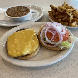 Plato's Place - Cheese burger, fresh cut fries, and a small no beans chili for dipping.