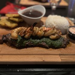 Chicas Cuban Cafe - Churrasco w/shrimp, white rice, beans and Tostones