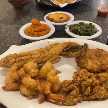 Kendall’s Kountry Kitchen - Oysters, shrimp, trout, crab cake, collard greens and yams - Seafood Near Me - Onley, Virginia