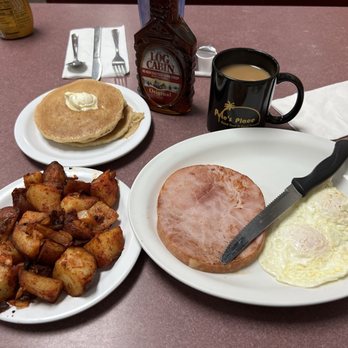 Pete's Place - My breakfast of 2 eggs over easy, ham steak, chunky home fries and pancakes with coffee - Breakfast & Brunch Near Me - Greenacres, Florida Pete's Place - My breakfast of 2 eggs over easy, ham steak, chunky home fries and pancakes with coffee - Breakfast & Brunch Near Me - Greenacres, Florida