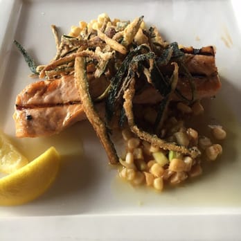 Scoma's Restaurant - Grilled Alaskan Salmon over corn and topped with fired zucchini strips - Seafood Near Me - San Francisco, California Scoma's Restaurant - Grilled Alaskan Salmon over corn and topped with fired zucchini strips - Seafood Near Me - San Francisco, California