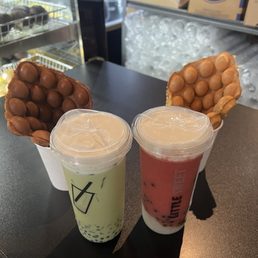 Chocolate waffle, regular waffle, Iced Thai Green Milk Tea, Creamy Strawberry Watermelon with lychee jelly and boba