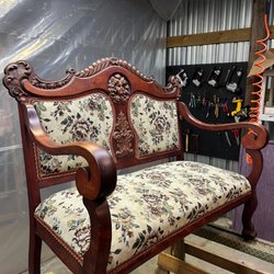2nd Chance Upholstery - Finished recover and frame repair of antique double seat, replaced suspension and all padding.