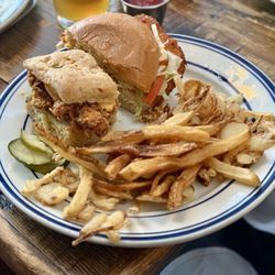 Southern Chicken (left) and Fried Chicken (right) sandwiches, served with fries and haystack onion strings