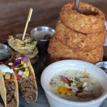 Haywire - BRANDING IRON ONION RINGS,  QUESO BLANCO,  MINI ELK TACOS, and  FRIED GREEN TOMATOES - New American Near Me - Plano, Texas