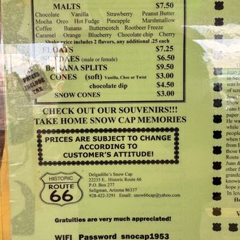 Delgadillo's Snow Cap Drive-In - menu - Burgers Near Me - Seligman, Arizona Delgadillo's Snow Cap Drive-In - menu - Burgers Near Me - Seligman, Arizona