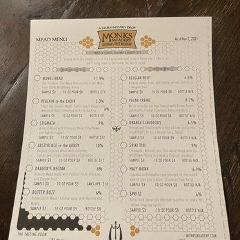 Monks Meadery - Mead Menu - Wine Tasting Room Near Me - Atlanta, Georgia