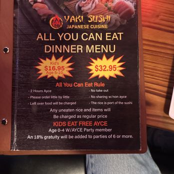 Yaki Sushi AYCE - Front of menu however given the quantity and quality of sushi an amazing bargain. - Sushi Bars Near Me - Fulshear, Texas Yaki Sushi AYCE - Front of menu however given the quantity and quality of sushi an amazing bargain. - Sushi Bars Near Me - Fulshear, Texas