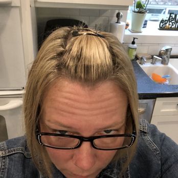 Frizzy Melon Salon - Before frizzy Melon this is how they let me walk out after they supposedly fixed it because I complained it wasn't all the way to the root. - Hair Salons Near Me - Loveland, Ohio