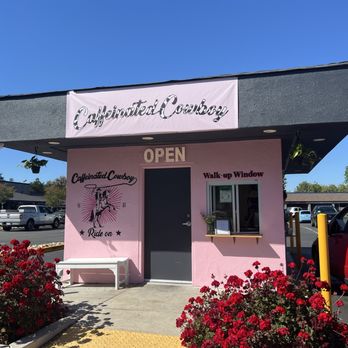 Caffeinated Cowboy - The cute pink building with the "walk up" window, and the "drive around" drive through. - Coffee & Tea Near Me - Pleasanton, California Caffeinated Cowboy - The cute pink building with the "walk up" window, and the "drive around" drive through. - Coffee & Tea Near Me - Pleasanton, California