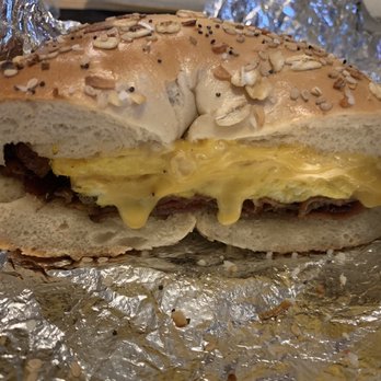 JP's Bagel Express - 3 eggs, bacon, cheese on everything bagel (SO good!) - Bagels Near Me - Hoboken, New Jersey