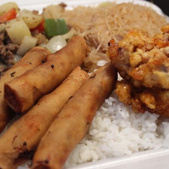 Maymar Poke & Grill - Pancit miki bihon, picadillo, lumpia, and sweet chilli garlic wings on top of white rice. Hefty Portion for only $10. - Poke Near Me - Norfolk, Virginia
