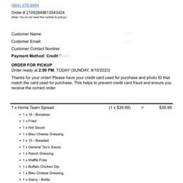 Order confirmation showing the promised pick up time Order confirmation showing the promised pick up time
