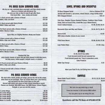 Pit Boss BBQ - Print menu 1 of 4. Ribs, wings, sides, drinks, desserts. - Barbeque Near Me - Hapeville, Georgia Pit Boss BBQ - Print menu 1 of 4. Ribs, wings, sides, drinks, desserts. - Barbeque Near Me - Hapeville, Georgia