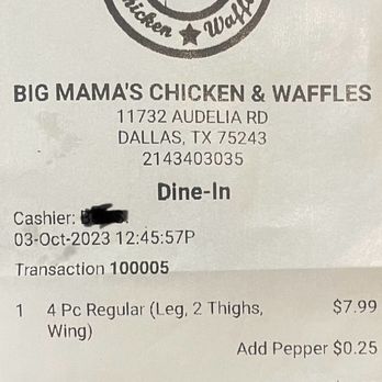 Big Mama's Chicken & Waffles - Receipt - Soul Food Near Me - Dallas, Texas