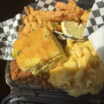 The Cultured Soul Kitchen - Shrimp plate with Mac and cheese and baked beans - Southern Near Me - Long Beach, California The Cultured Soul Kitchen - Shrimp plate with Mac and cheese and baked beans - Southern Near Me - Long Beach, California