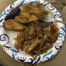 Eggplant and chicken non spicy and Beef Chow Fun. Delicious Eggplant and chicken non spicy and Beef Chow Fun. Delicious