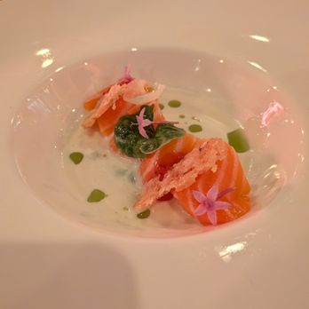 Kabooki Sushi - Tiger Cream. $25. King salmon dry-aged 5 days, chizu, berry jam, yuzu creme fraiche, basil oil. - Japanese Near Me - Orlando, Florida