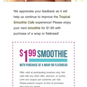 Tropical Smoothie Cafe - Offer we tried to redeem both on the app and then in person - Juice Bars & Smoothies Near Me - Mason, Ohio Tropical Smoothie Cafe - Offer we tried to redeem both on the app and then in person - Juice Bars & Smoothies Near Me - Mason, Ohio