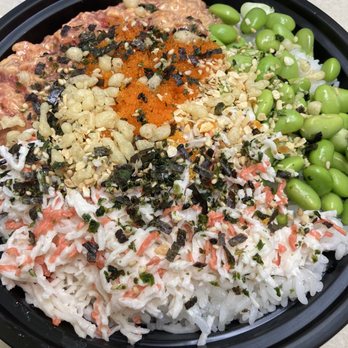 Pokeway - Small spicy ahi bowl with edamame, crab salad, masago, furikake, tempura flakes, and crispy garlic - Poke Near Me - Honolulu, Hawaii