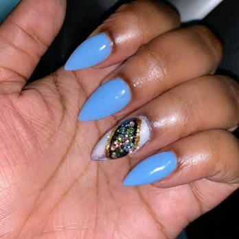 Sky Nail Bar & Spa - Left Hand Stiletto Acrylic Full Set with Gel polish. Genode & Marble design Color: Aqua Blue - Nail Salons Near Me - Charlotte, North Carolina Sky Nail Bar & Spa - Left Hand Stiletto Acrylic Full Set with Gel polish. Genode & Marble design Color: Aqua Blue - Nail Salons Near Me - Charlotte, North Carolina