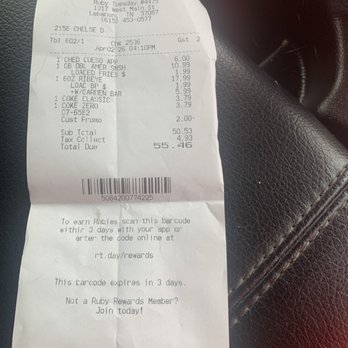 Ruby Tuesday - My receipt for proof. - Burgers Near Me - Lebanon, Tennessee