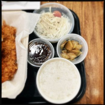 Katsune Donkatsu - Accompanying sides: rice, cole slaw, pickled radish, and dipping sauce - Korean Near Me - Little Ferry, New Jersey