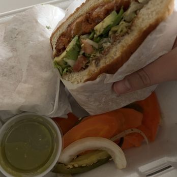 Puras Papas - Torta de al pastor. Green salsa. Spicy carrots - Mexican Near Me - San Marcos, California Puras Papas - Torta de al pastor. Green salsa. Spicy carrots - Mexican Near Me - San Marcos, California