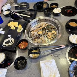 Korean BBQ includes proteins, veggies, sauces/oils, seaweed salad, kimchi, and white rice. Korean BBQ includes proteins, veggies, sauces/oils, seaweed salad, kimchi, and white rice.