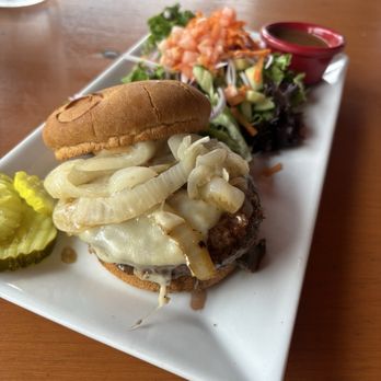 Jealous Monk - The Alps burger on a gluten- free bun (topped with caramelized onions, Swiss cheese, mushrooms, and monk sauce) and a side salad - Beer Gardens Near Me - Mystic, Connecticut
