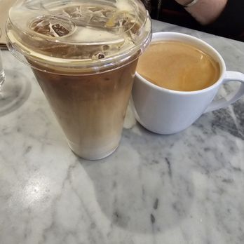Flour Bakery + Café - Iced latte with oat milk and espresso shot and a Hot Vegan Mocha for the Wifey - Bakeries Near Me - Boston, Massachusetts