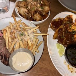 Steak frites, Birria Tacos, Pork and Shrimp dumplings Steak frites, Birria Tacos, Pork and Shrimp dumplings
