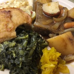 Broadway cafe - Roast beef, squash casserole, turnip greens and fried cornbread.