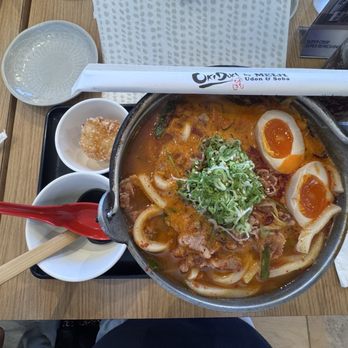 Okidoki by Meiji - Spicy beef udon added seasoned egg with rice ball - Izakaya Near Me - Tustin, California Okidoki by Meiji - Spicy beef udon added seasoned egg with rice ball - Izakaya Near Me - Tustin, California