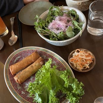 Falansai - $12 / $6 each spring rolls and a completely tasteless bowl of greens - Vietnamese Near Me - Brooklyn, New York