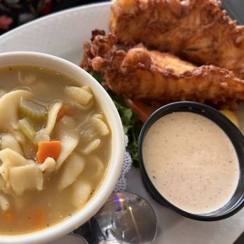 The Dodging Duck Brewhaus & Restaurant - Fish with soup (subbed for the fries) - New American Near Me - Boerne, Texas