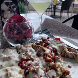 This is the Mediterranean Flatbread accompanied with a Limoncello Lemon Drop