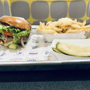 Super Duper Burgers - Veggie Burger with Garlic Fries and house made pickle spears. - Burgers Near Me - San Francisco, California