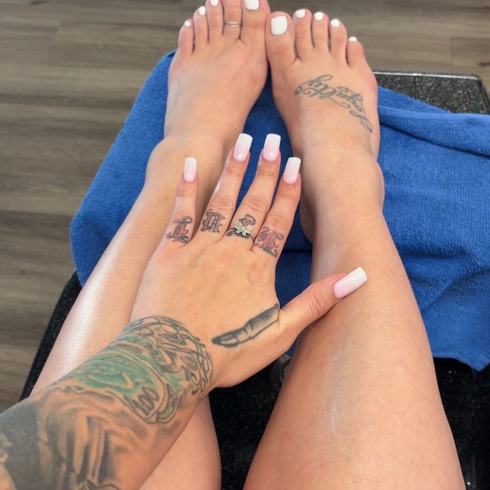 Vianna Nails Spa - Full set, powder nails/ shellac toes (classic pedicure) white ombré manicure. White toe shellac - Nail Salons Near Me - Richmond, Texas