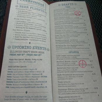 Centennial Crafted Beer & Eatery - Some of their current beers - May 2018 - Beer Bar Near Me - Chicago, Illinois Centennial Crafted Beer & Eatery - Some of their current beers - May 2018 - Beer Bar Near Me - Chicago, Illinois