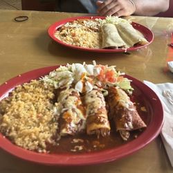 Sonora's Mexican Restaurant - Chicken Enchiladas, rice, beans & steak burritos, beans, rice