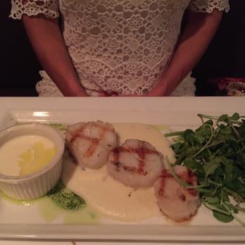 Fin Bistro - Grilled Jumbo Scallops and my wife's dress. Both very nice!! - Seafood Near Me - Marco Island, Florida Fin Bistro - Grilled Jumbo Scallops and my wife's dress. Both very nice!! - Seafood Near Me - Marco Island, Florida