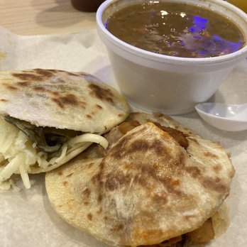 Tacos Chiwas - Charro beans, rajas gordita (L), deshebrada roja gordita (R) - Mexican Near Me - Phoenix, Arizona Tacos Chiwas - Charro beans, rajas gordita (L), deshebrada roja gordita (R) - Mexican Near Me - Phoenix, Arizona