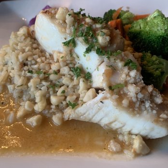 The Sow's Ear - Halibut with honey macadamia and rice - Cafes Near Me - Cambria, California